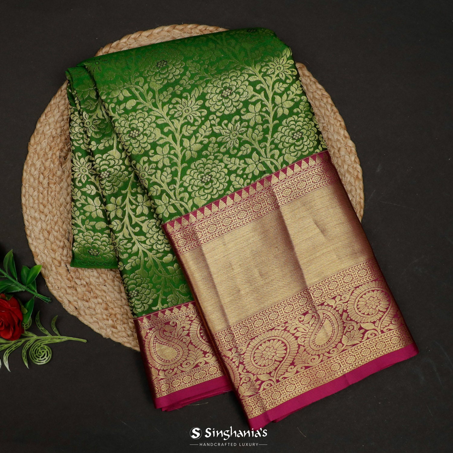 India Green Kanjivaram Silk Saree With Floral Jaal Pattern