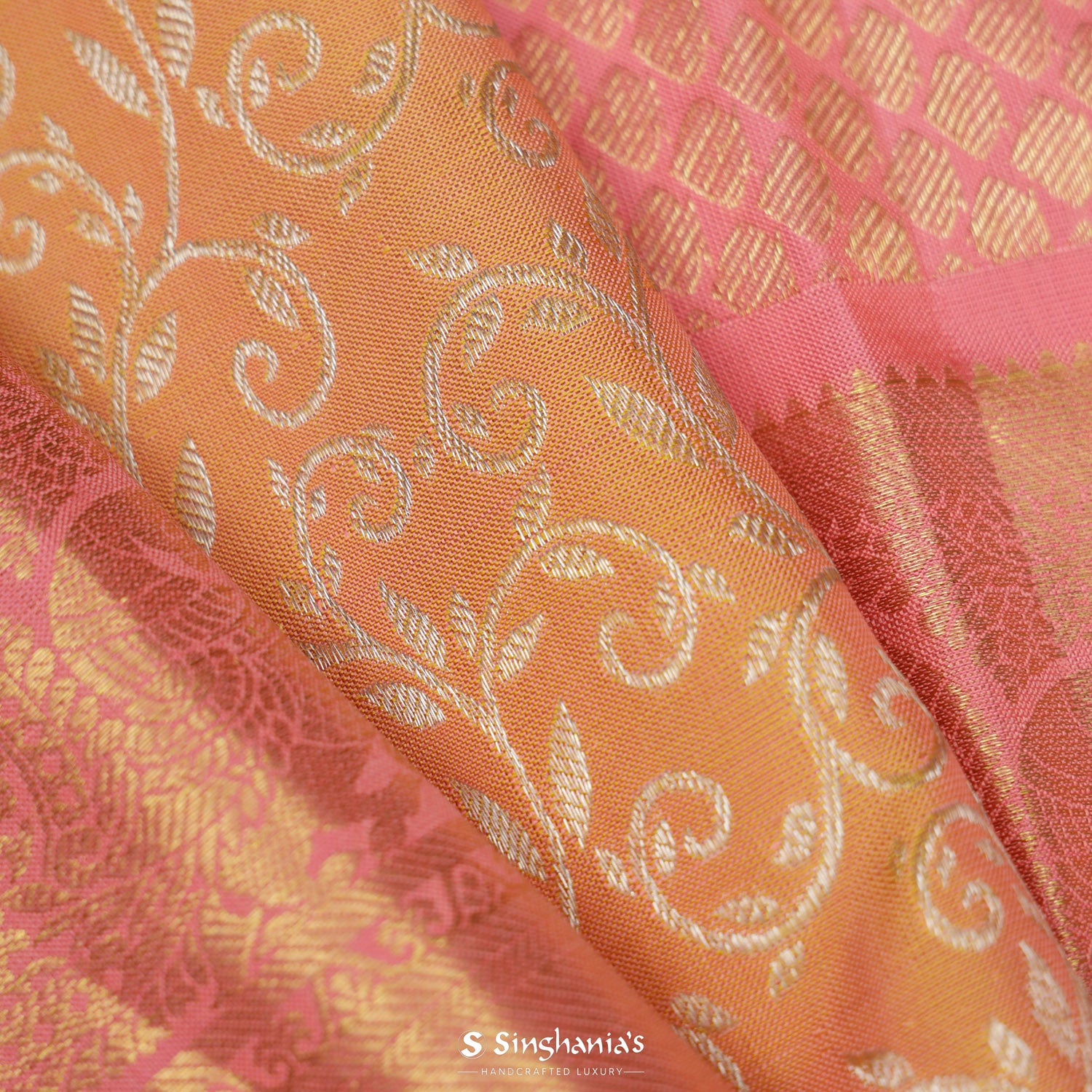 Aesthetic Orange Kanjivaram Silk Saree With Floral Jaal Pattern