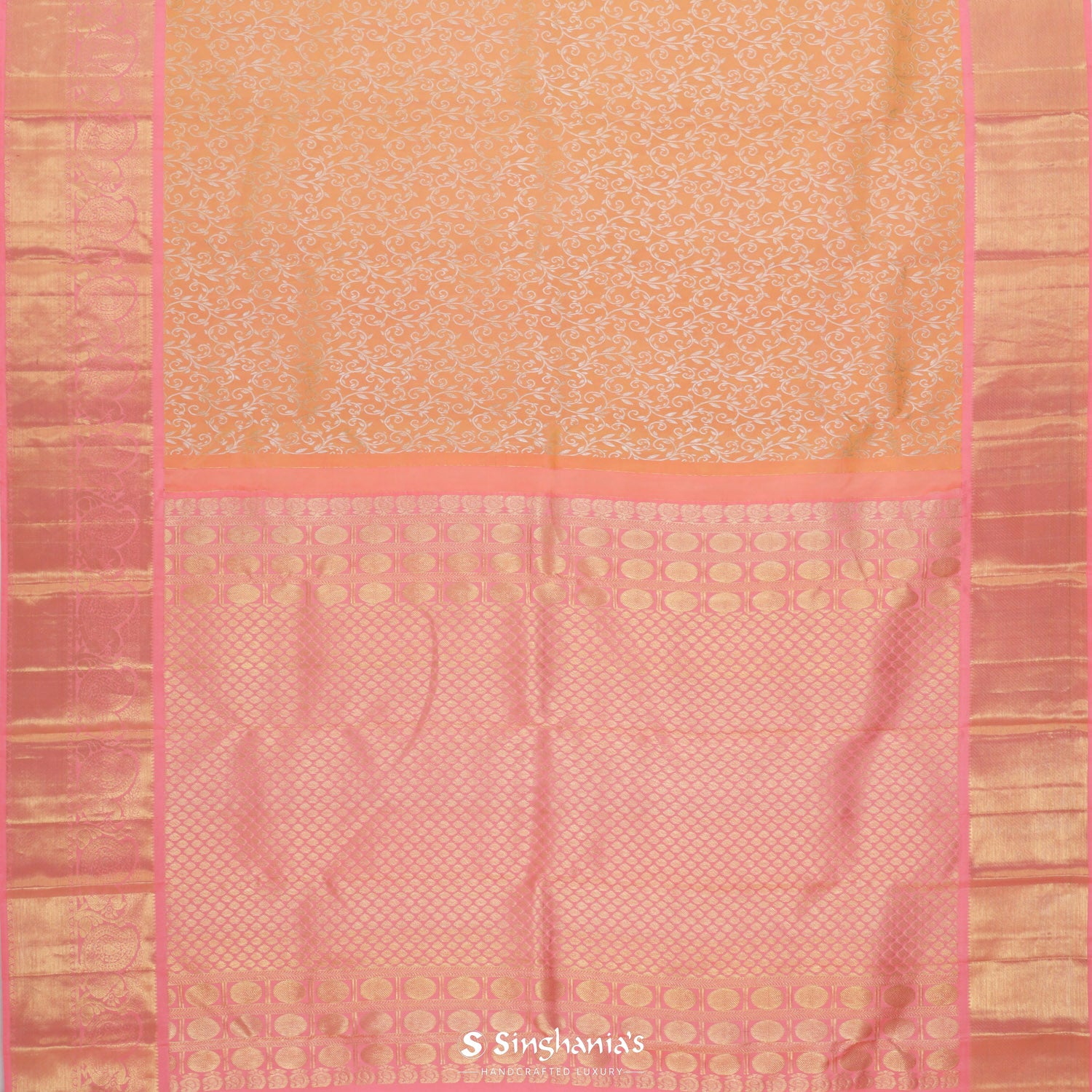 Aesthetic Orange Kanjivaram Silk Saree With Floral Jaal Pattern