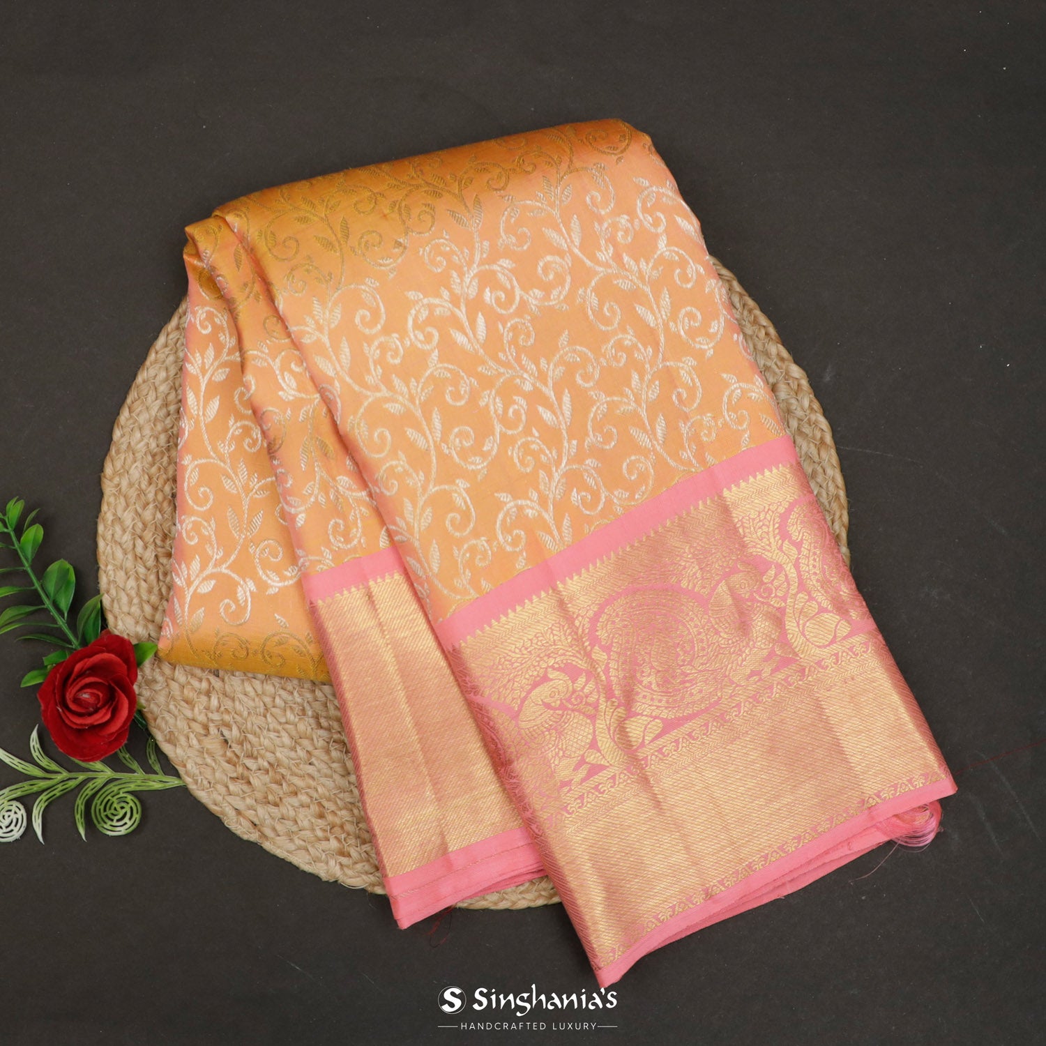 Aesthetic Orange Kanjivaram Silk Saree With Floral Jaal Pattern