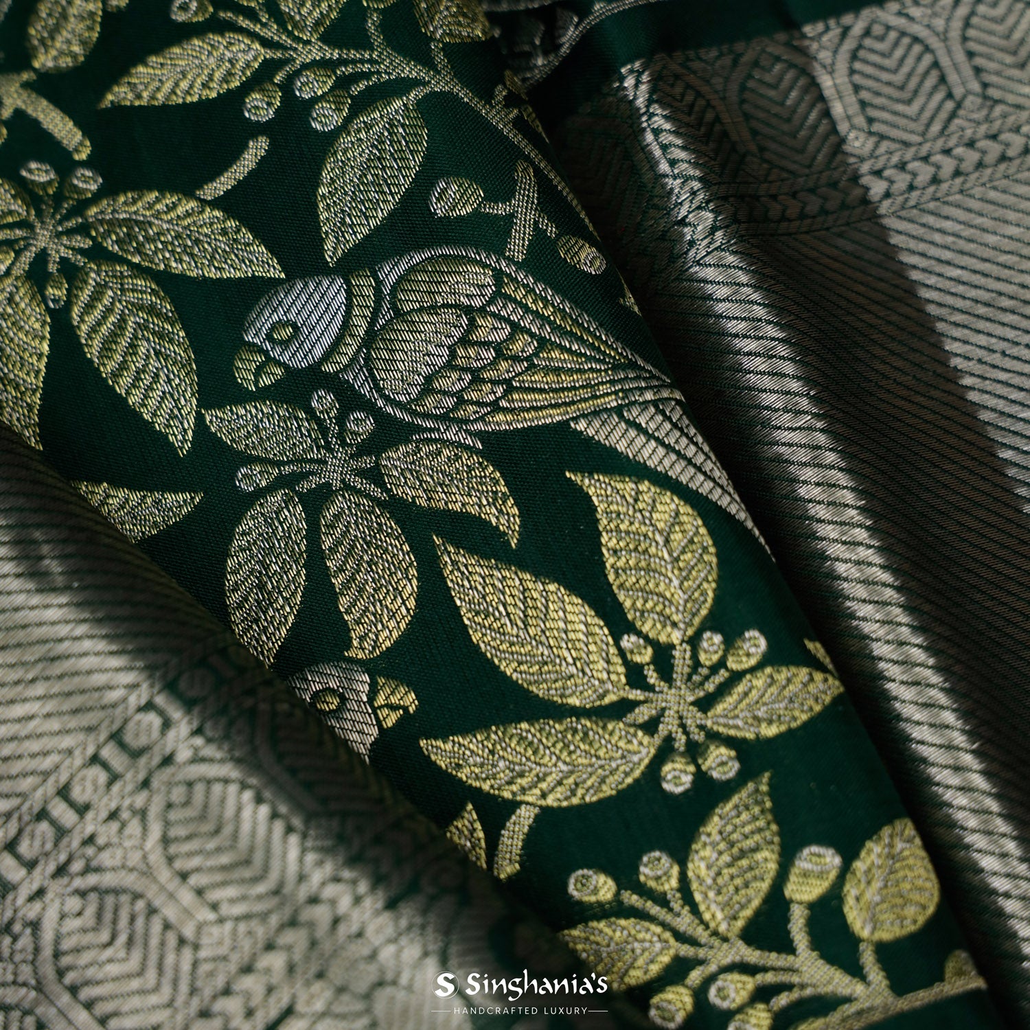 Deep Green Kanjivaram Silk Saree With Floral & Bird Pattern