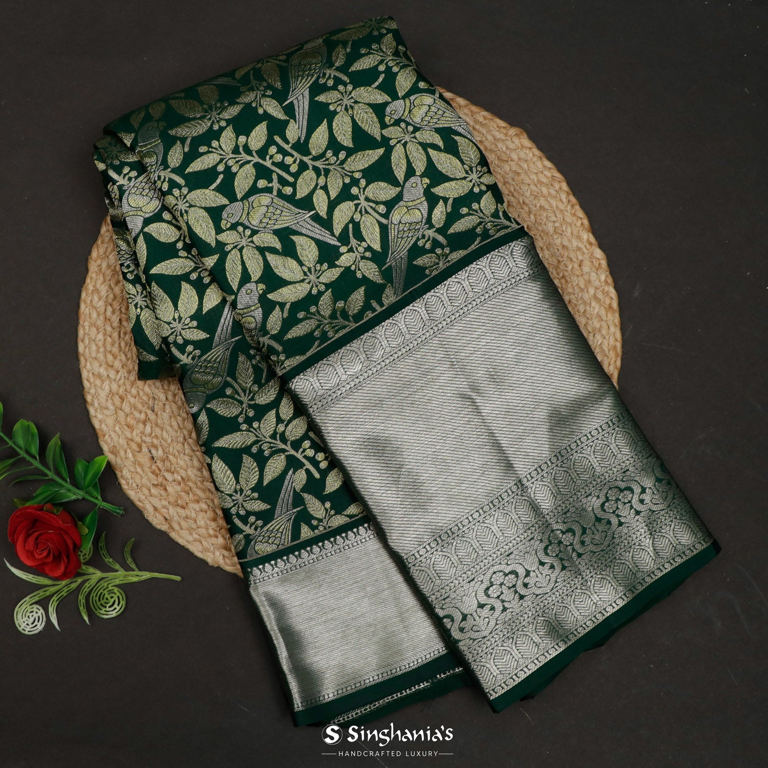 Deep Green Kanjivaram Silk Saree With Floral & Bird Pattern