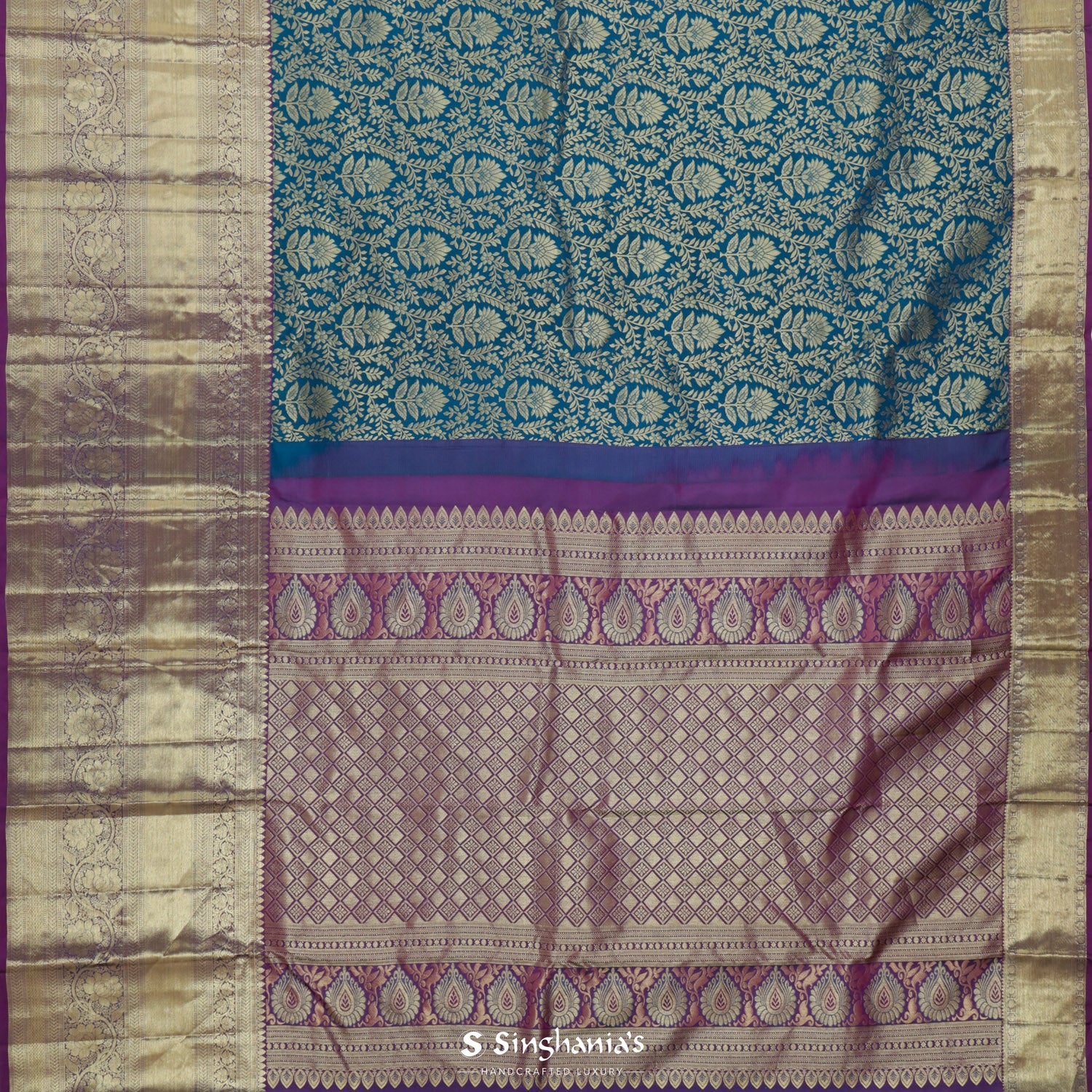 Ultramarine Blue Kanjivaram Silk Saree With Floral Jaal Pattern