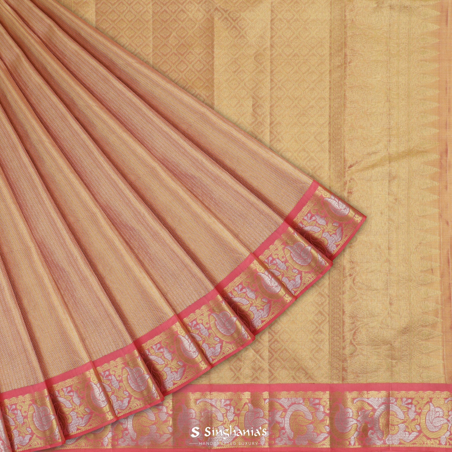 Pastel Bright Peach Kanjivaram Silk Saree With Honey Comb Pattern