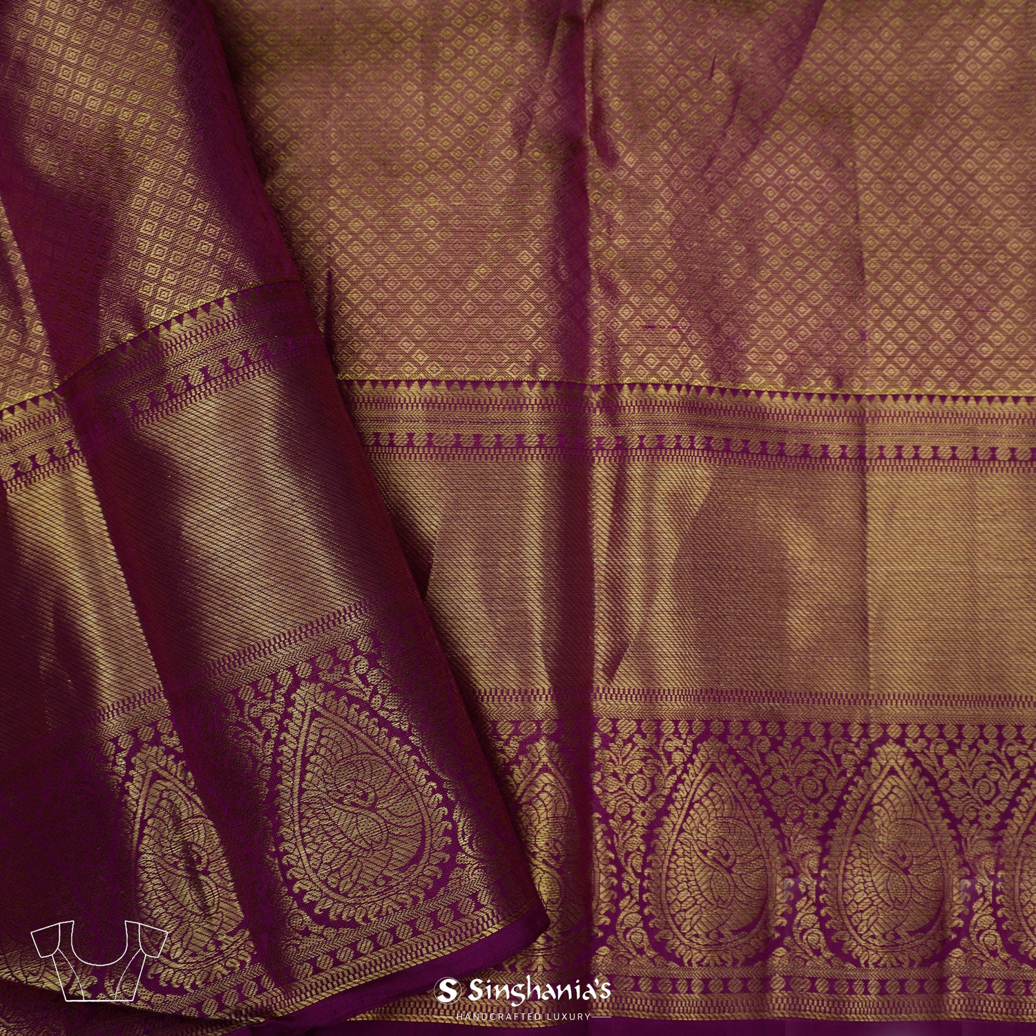 Goldish Purple Kanjivaram Silk Saree With Floral Jaal Pattern