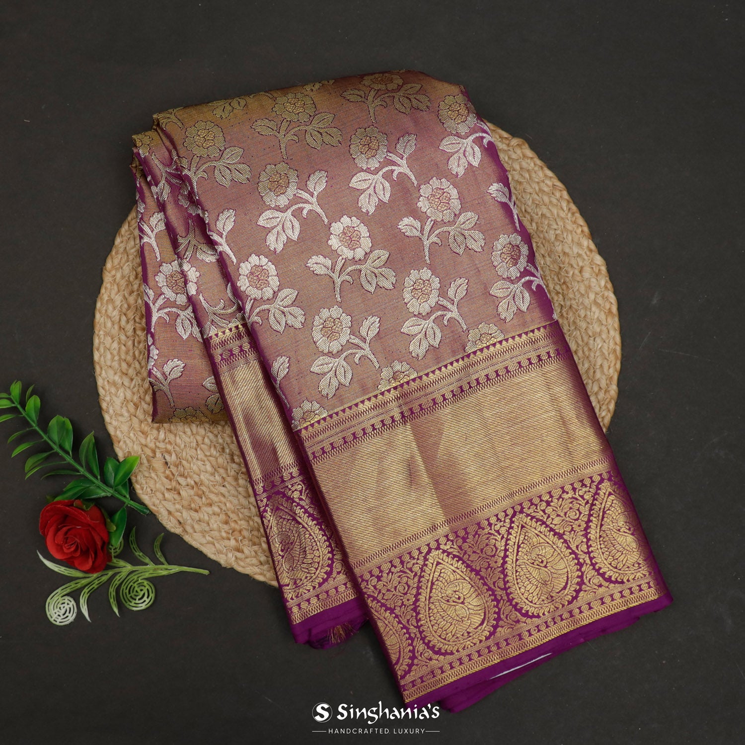 Goldish Purple Kanjivaram Silk Saree With Floral Jaal Pattern