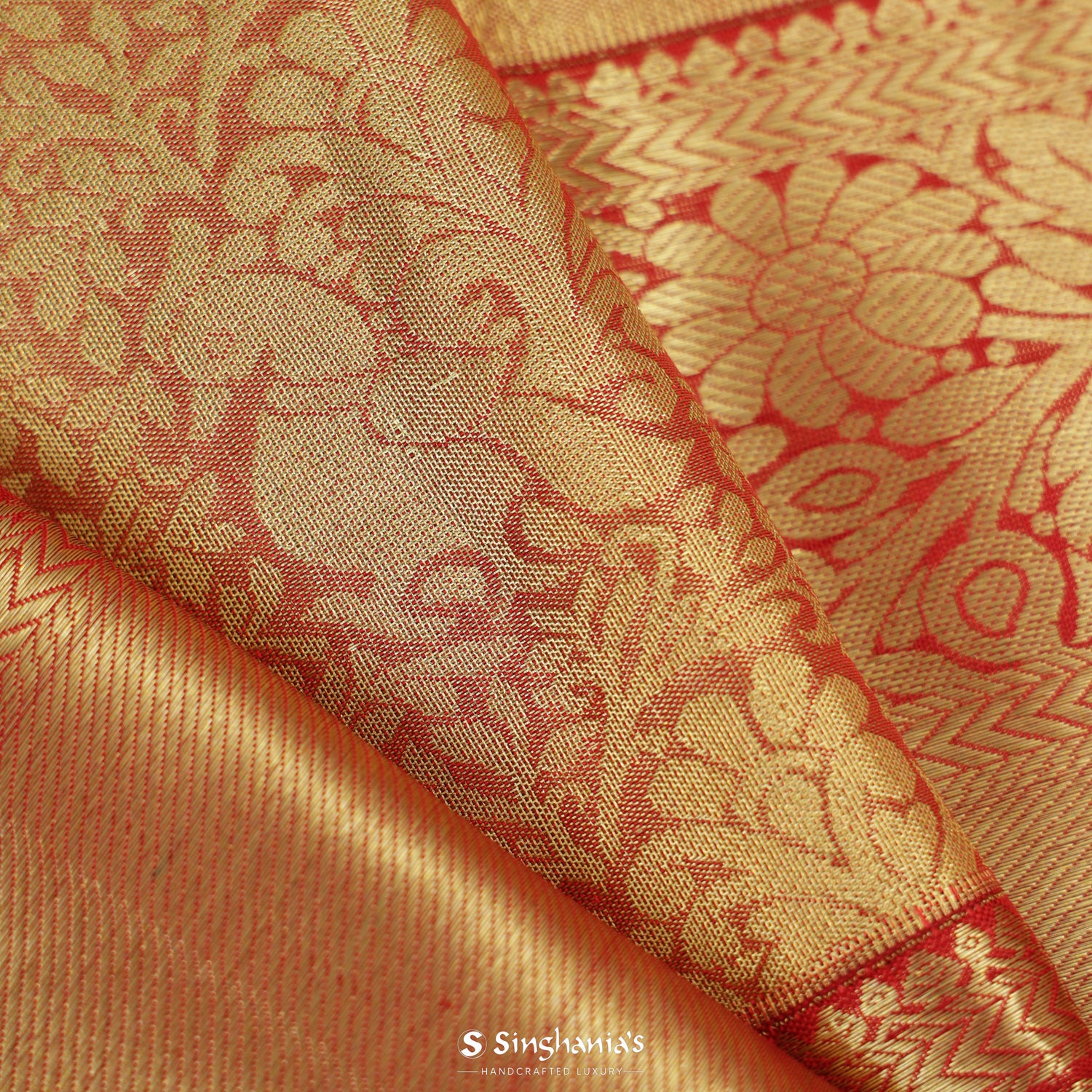 Pastel Gold Red Kanjivaram Silk Saree With Floral Jaal Pattern