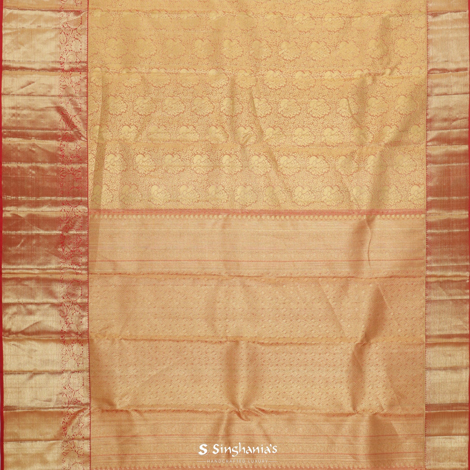 Pastel Gold Red Kanjivaram Silk Saree With Floral Jaal Pattern