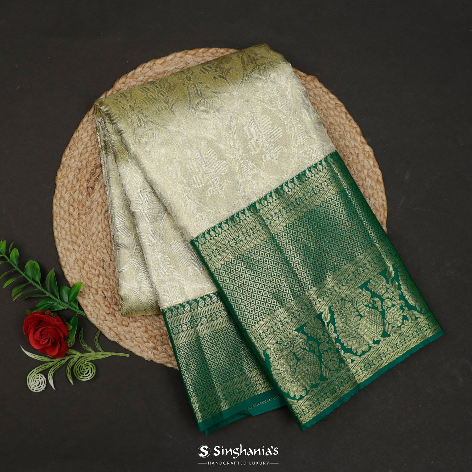 Beige Kanjivaram Silk Saree With Floral Butti Pattern