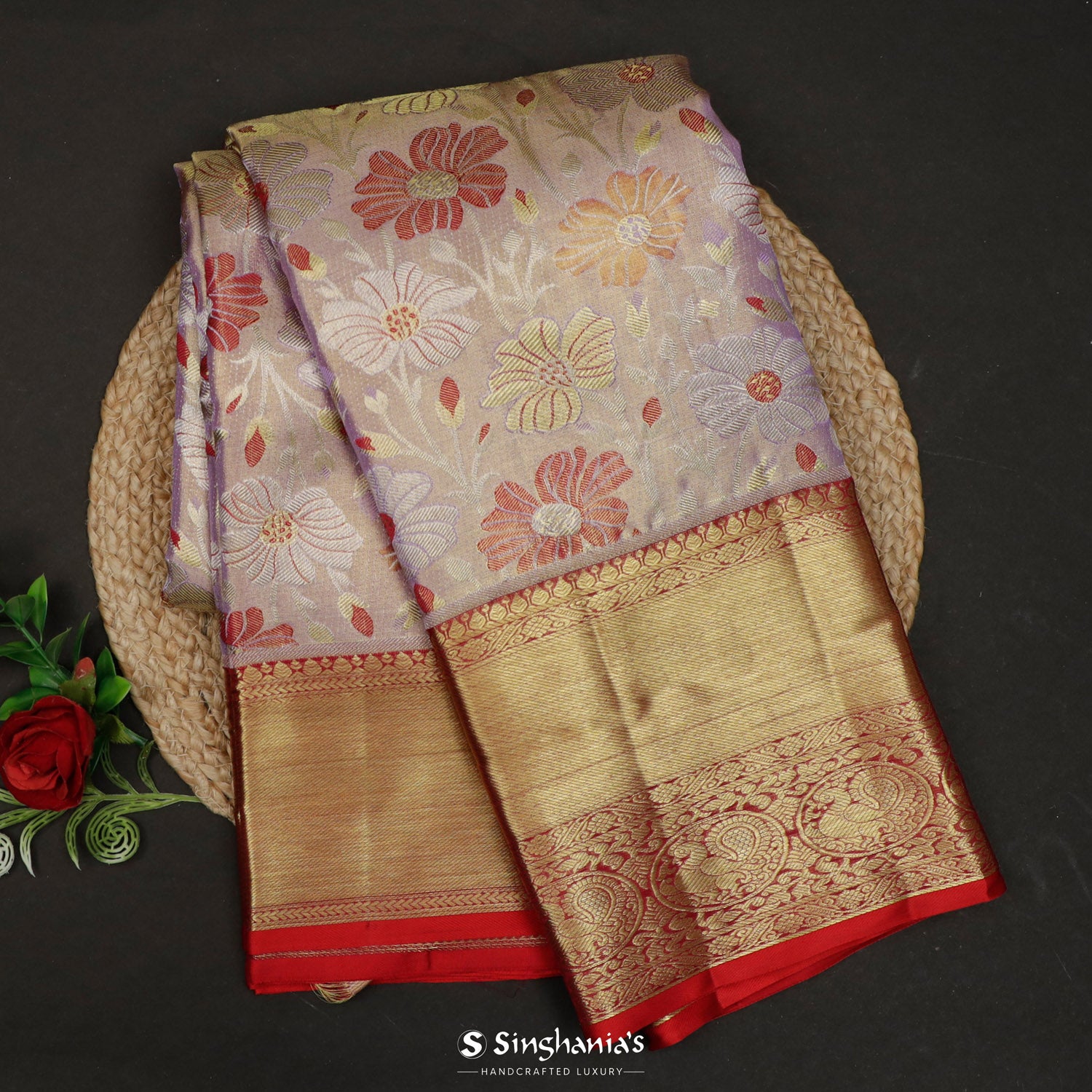 Mountbatten Pink Kanjivaram Silk Saree With Floral Jaal Pattern