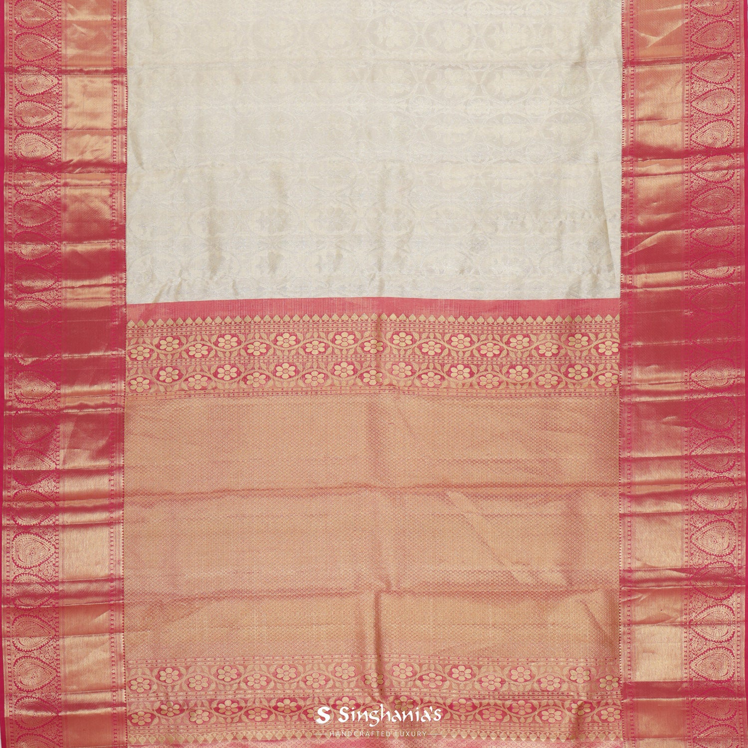 Photon White Kanjivaram Silk Saree With Floral Grid Pattern