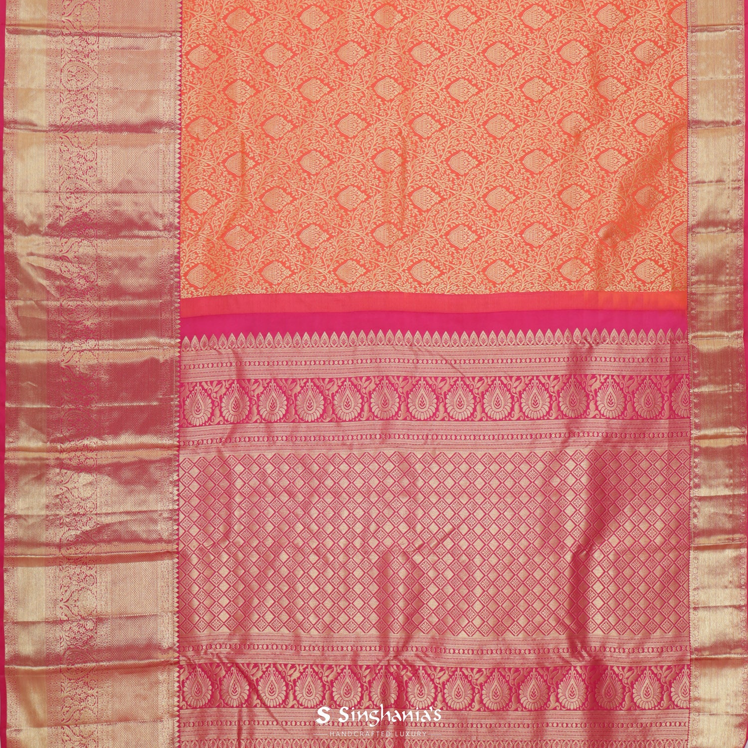 Outrageous Orange Kanjivaram Silk Saree With Floral Jaal Pattern