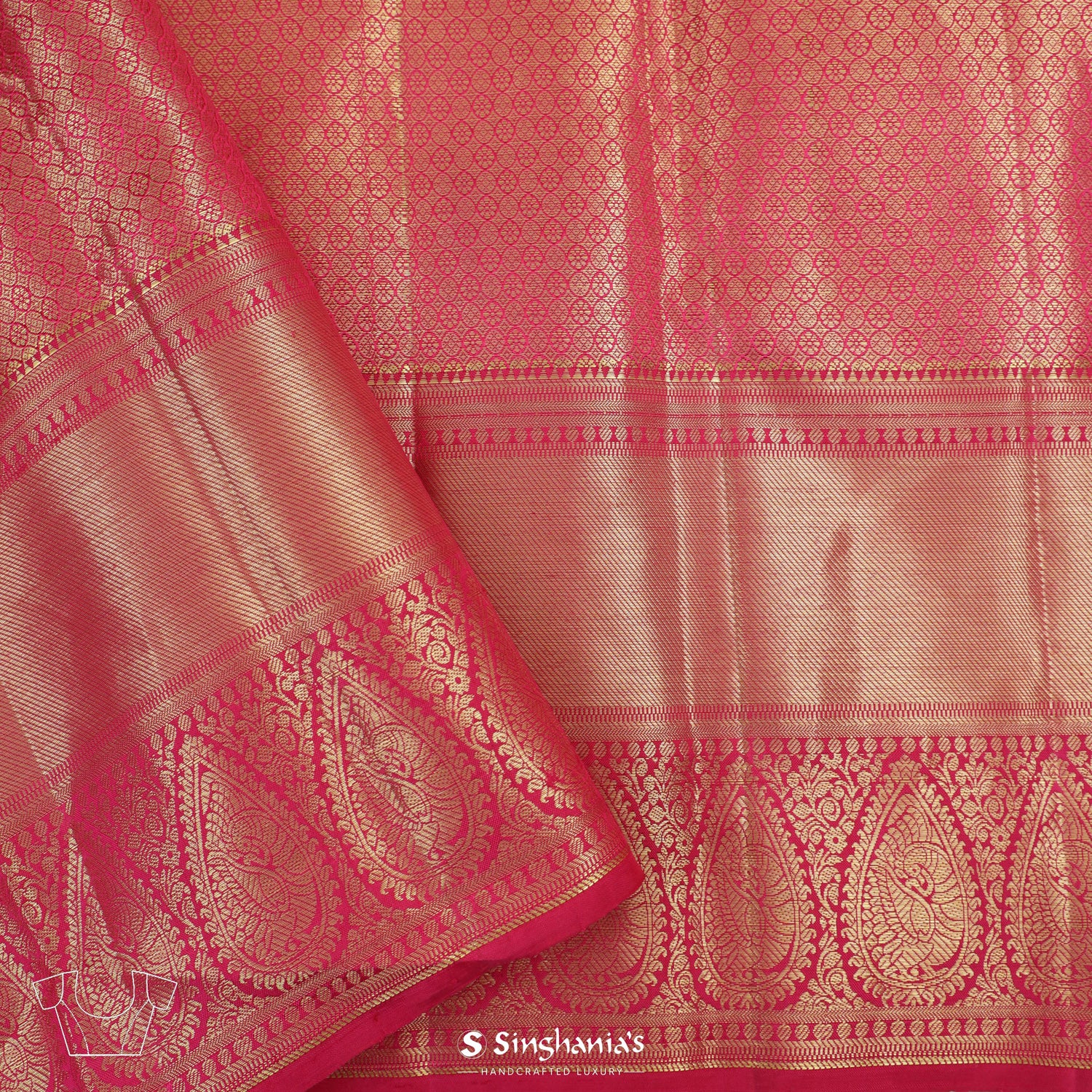 Old Rose Pink Kanjivaram Silk Saree With Floral Grid Pattern