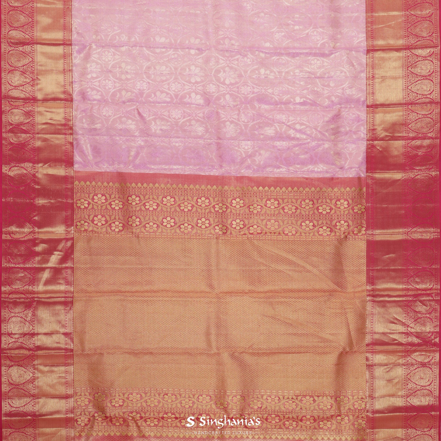 Old Rose Pink Kanjivaram Silk Saree With Floral Grid Pattern