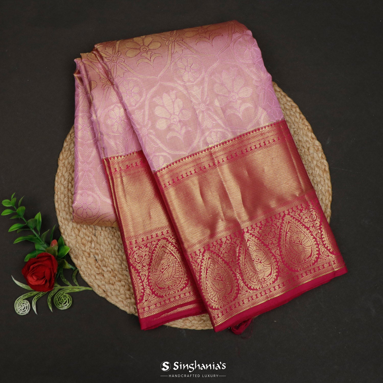 Old Rose Pink Kanjivaram Silk Saree With Floral Grid Pattern