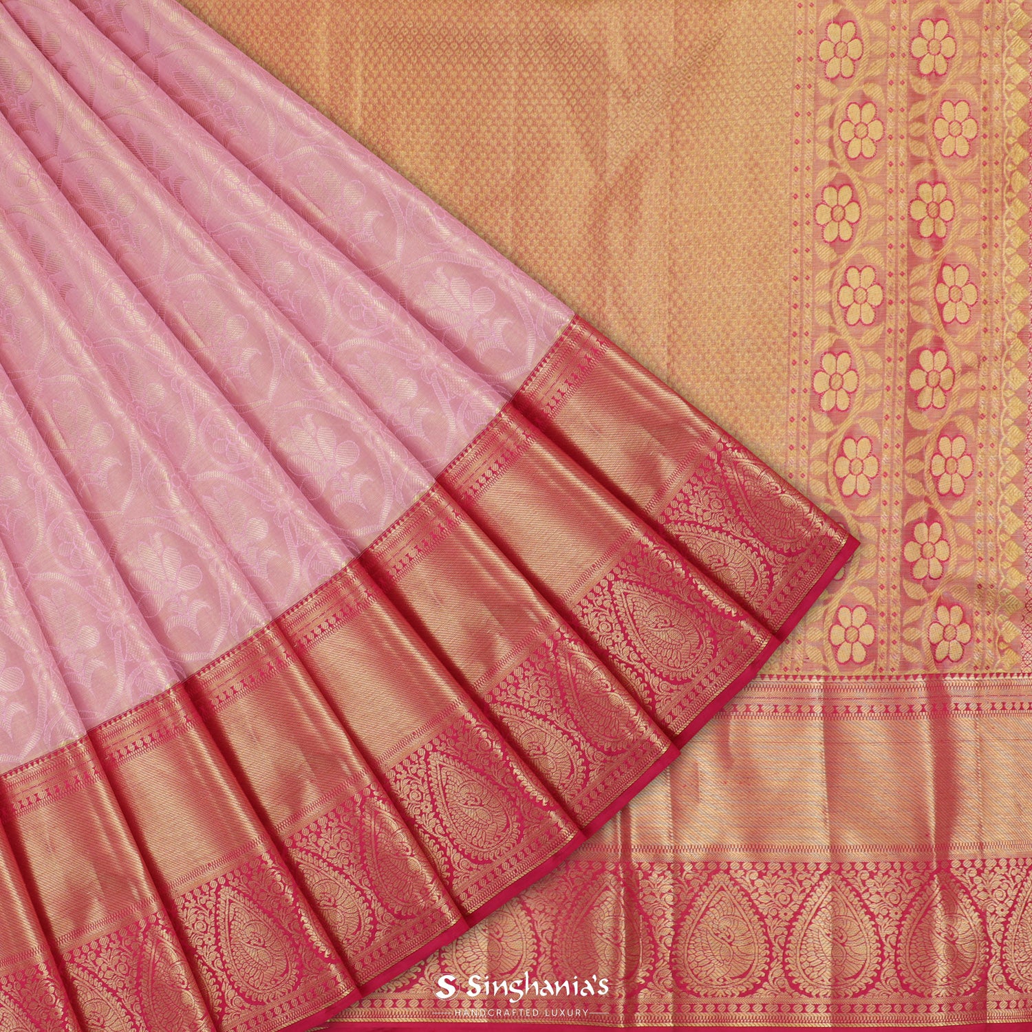 Old Rose Pink Kanjivaram Silk Saree With Floral Grid Pattern