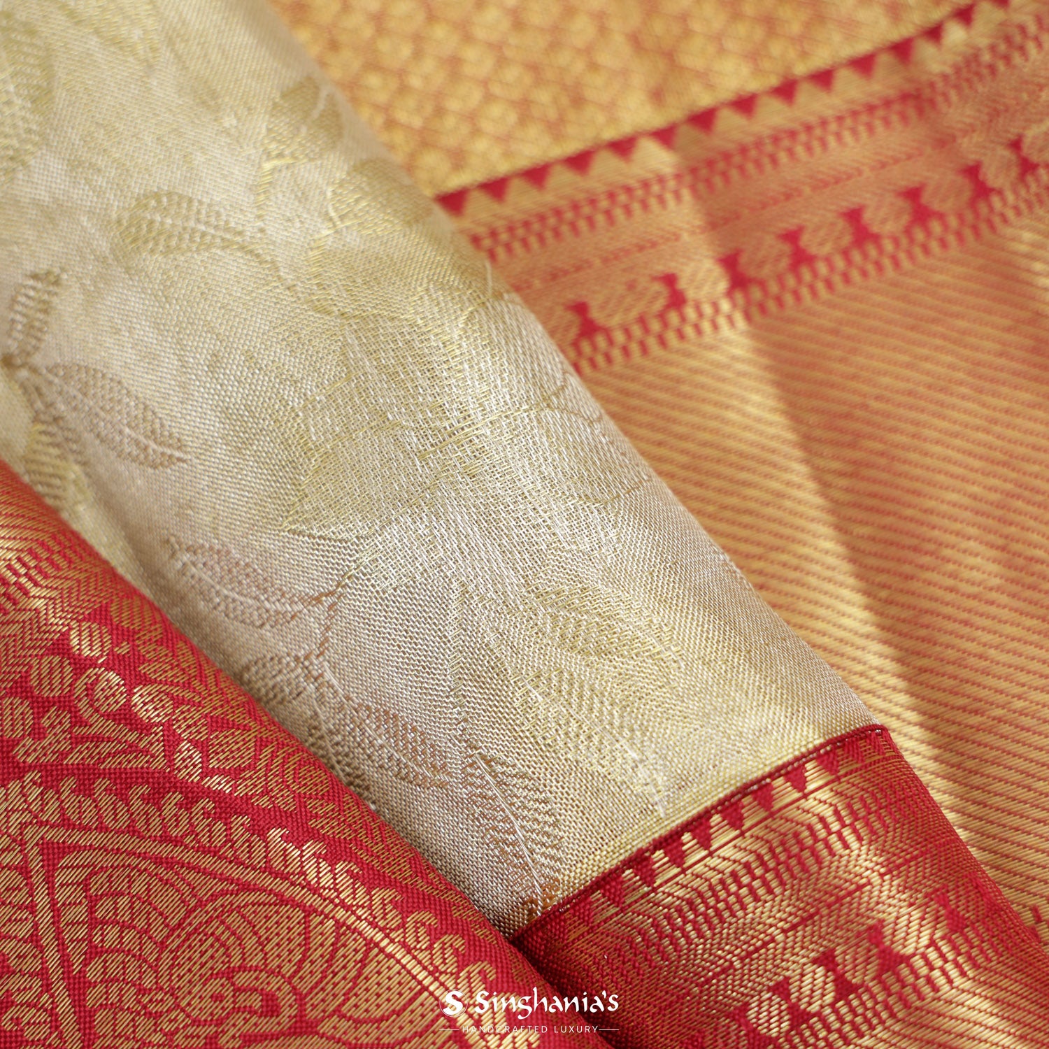 Warm Beige Kanjivaram Silk Saree With Floral Jaal Pattern