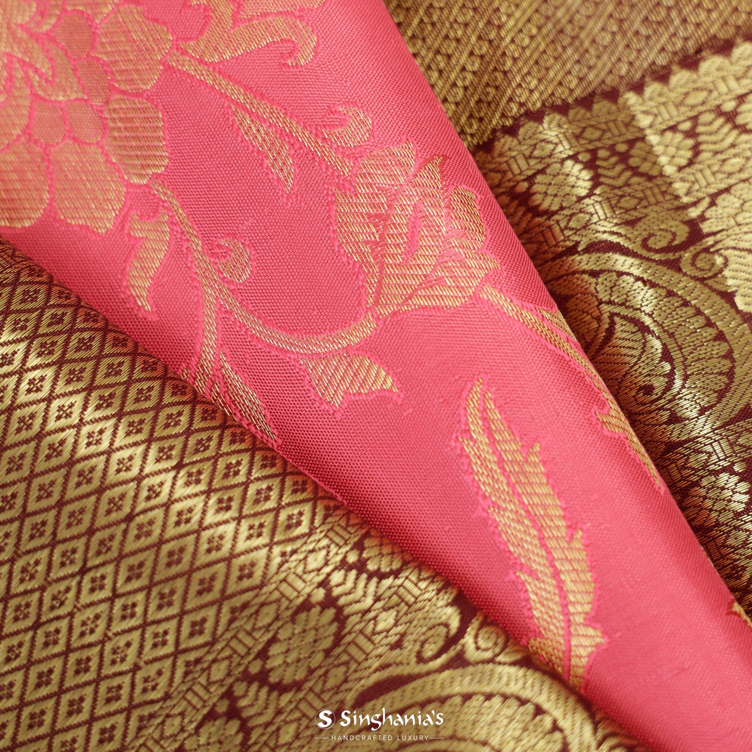Punch Pink Kanjivaram Silk Saree With Floral Jaal Pattern