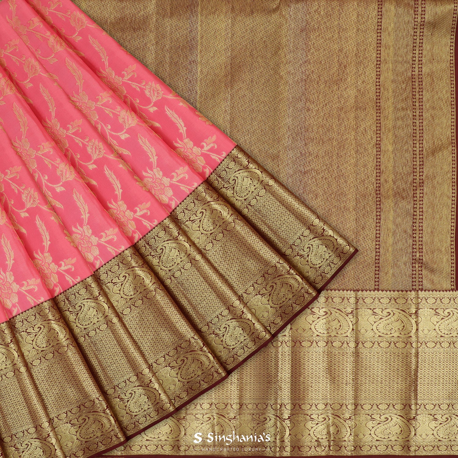 Punch Pink Kanjivaram Silk Saree With Floral Jaal Pattern