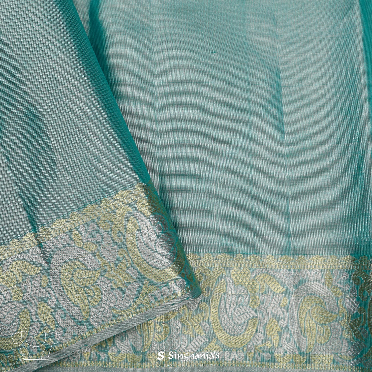 Dolphins Aqua Blue Kanjivaram Silk Saree With Leaf Butti In Ogive Pattern