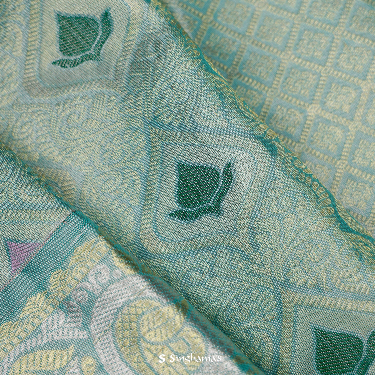 Dolphins Aqua Blue Kanjivaram Silk Saree With Leaf Butti In Ogive Pattern