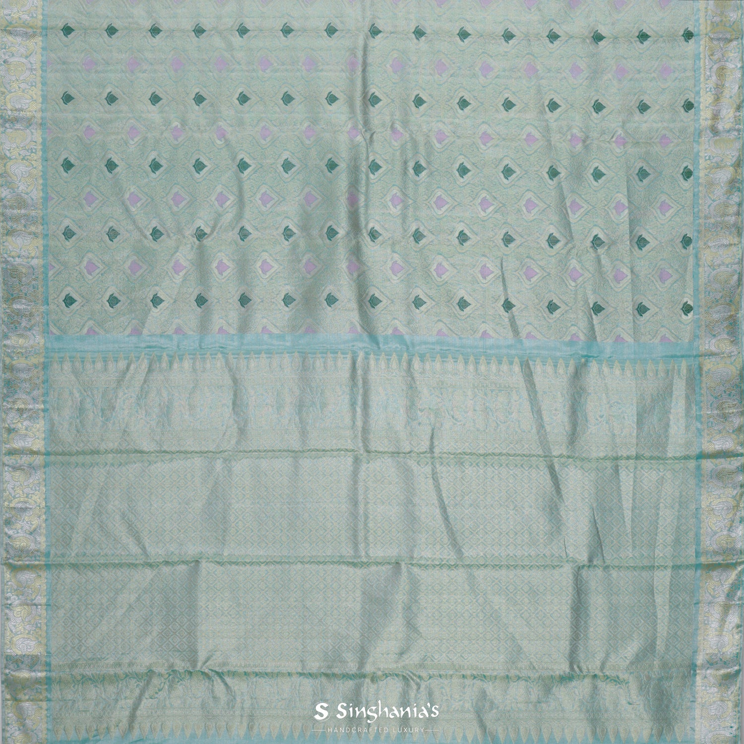 Dolphins Aqua Blue Kanjivaram Silk Saree With Leaf Butti In Ogive Pattern