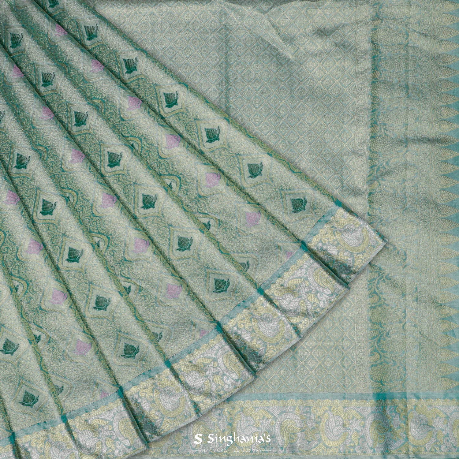 Dolphins Aqua Blue Kanjivaram Silk Saree With Leaf Butti In Ogive Pattern