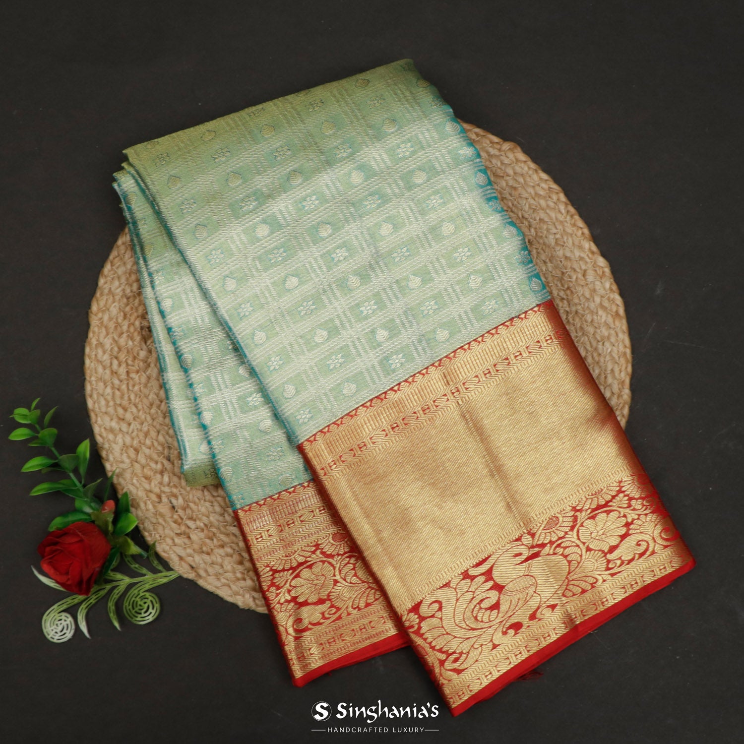 Marian Blue Kanjivaram Silk Saree With Floral Butti In Checks Pattern