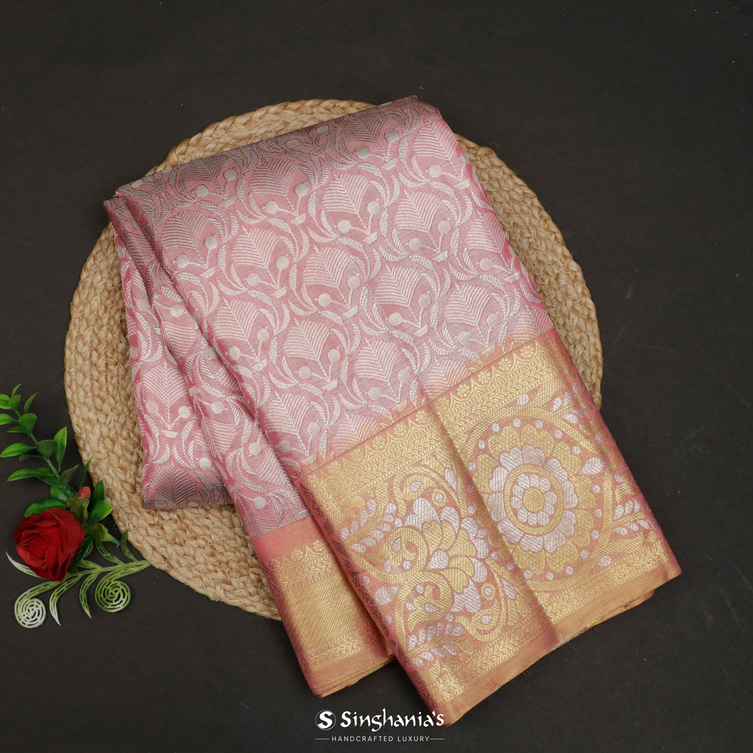 Pale Pink Kanjivaram Silk Saree With Floral Jaal Pattern