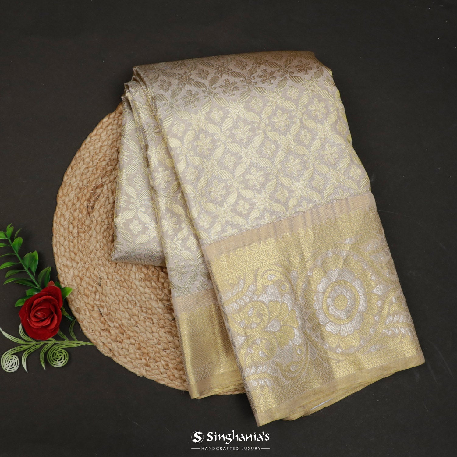 Pastel Cream Kanjivaram Silk Saree With Floral Jaal Pattern