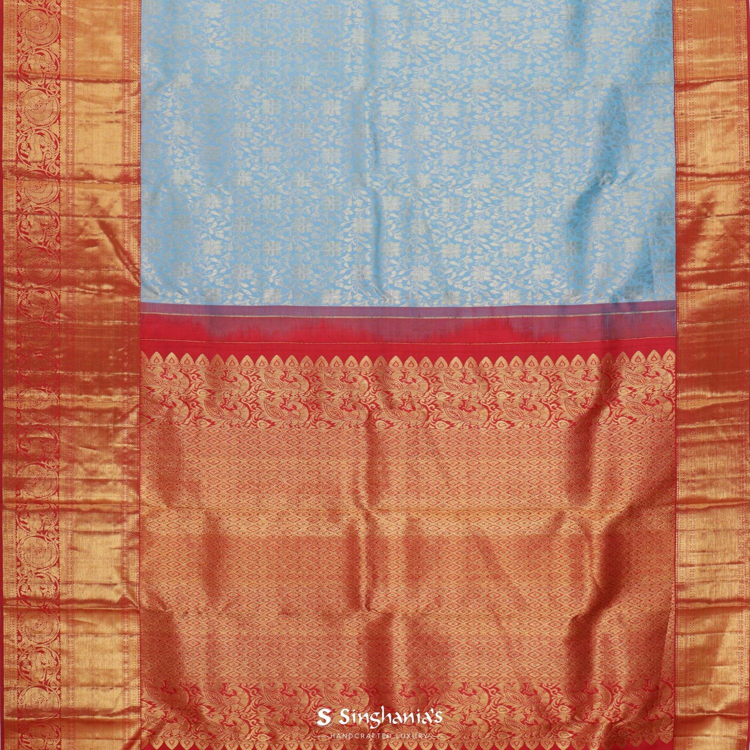Deep Columbia Blue Kanjivaram Silk Saree With Floral Jaal Pattern