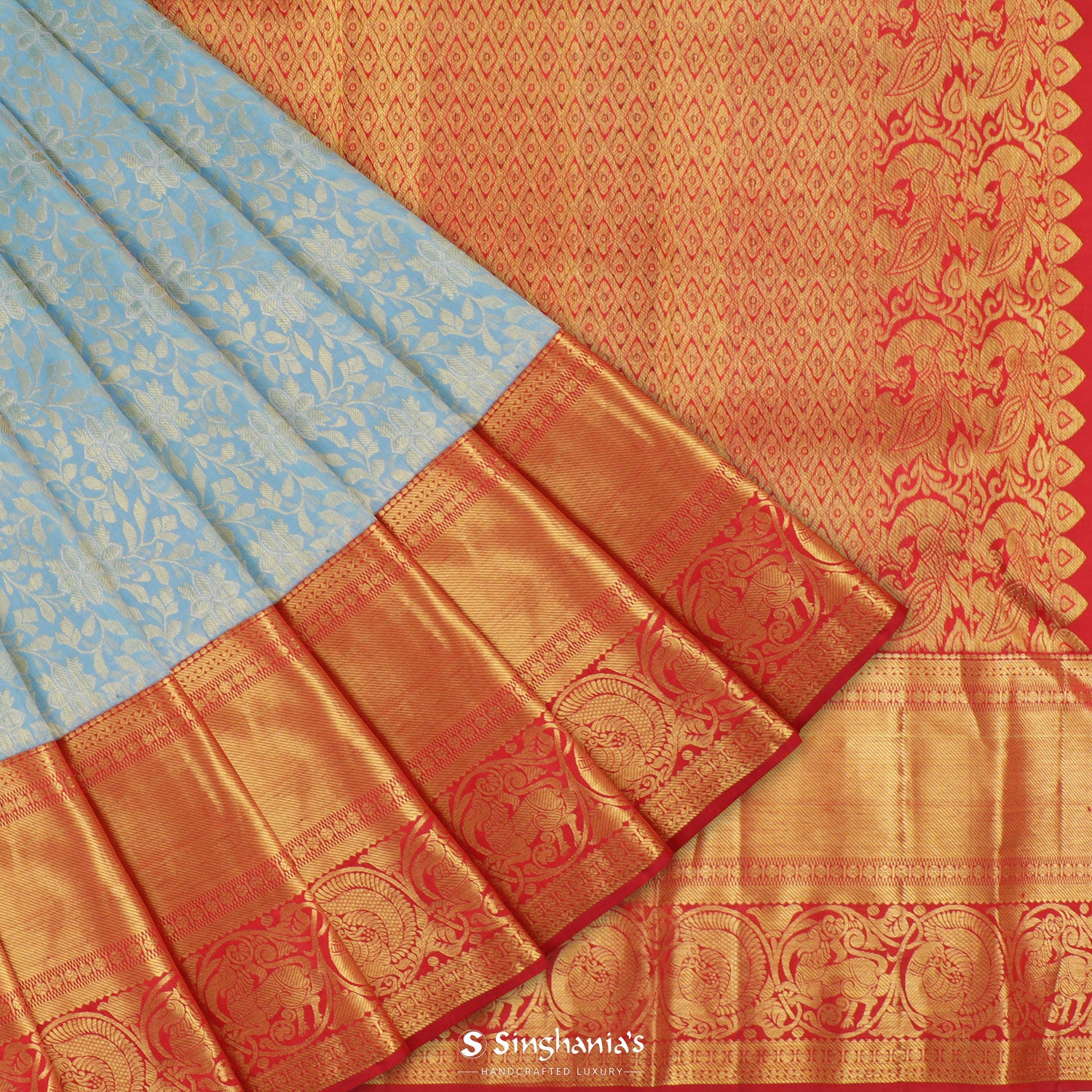 Deep Columbia Blue Kanjivaram Silk Saree With Floral Jaal Pattern