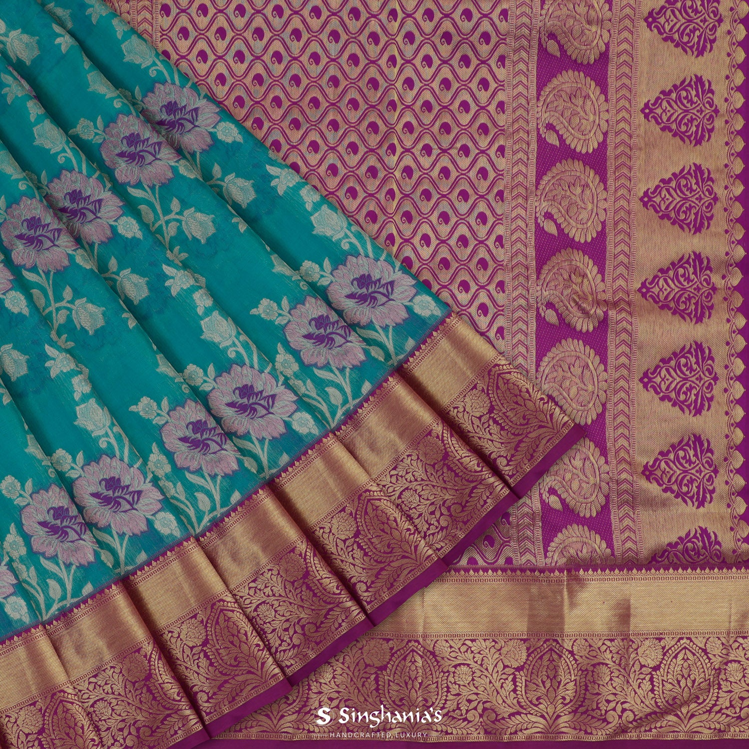 Ocean Blue Kanjivaram Silk Saree With Floral Jaal Pattern