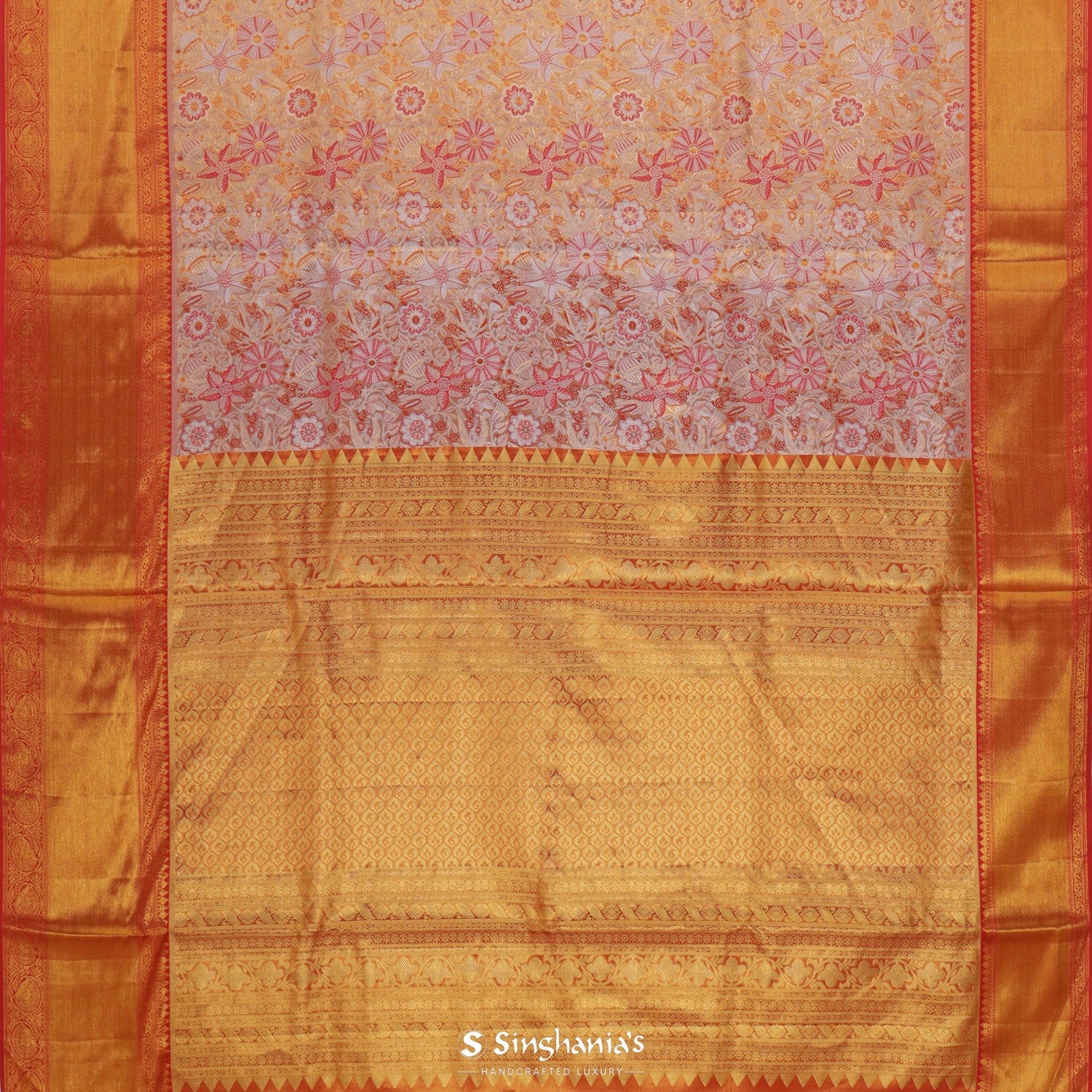 Goldish Yellow Kanjivaram Silk Saree With Floral Jaal Pattern