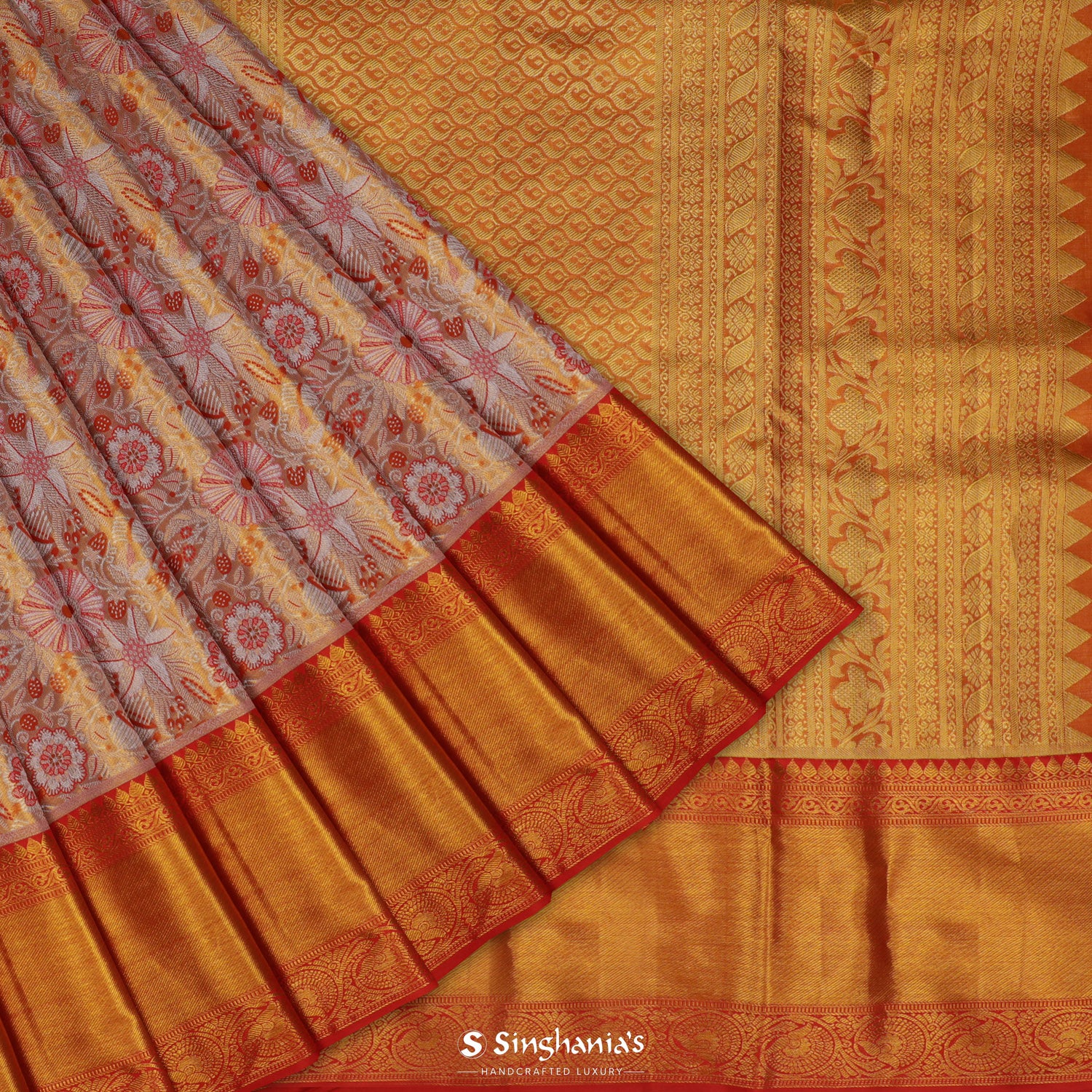 Goldish Yellow Kanjivaram Silk Saree With Floral Jaal Pattern