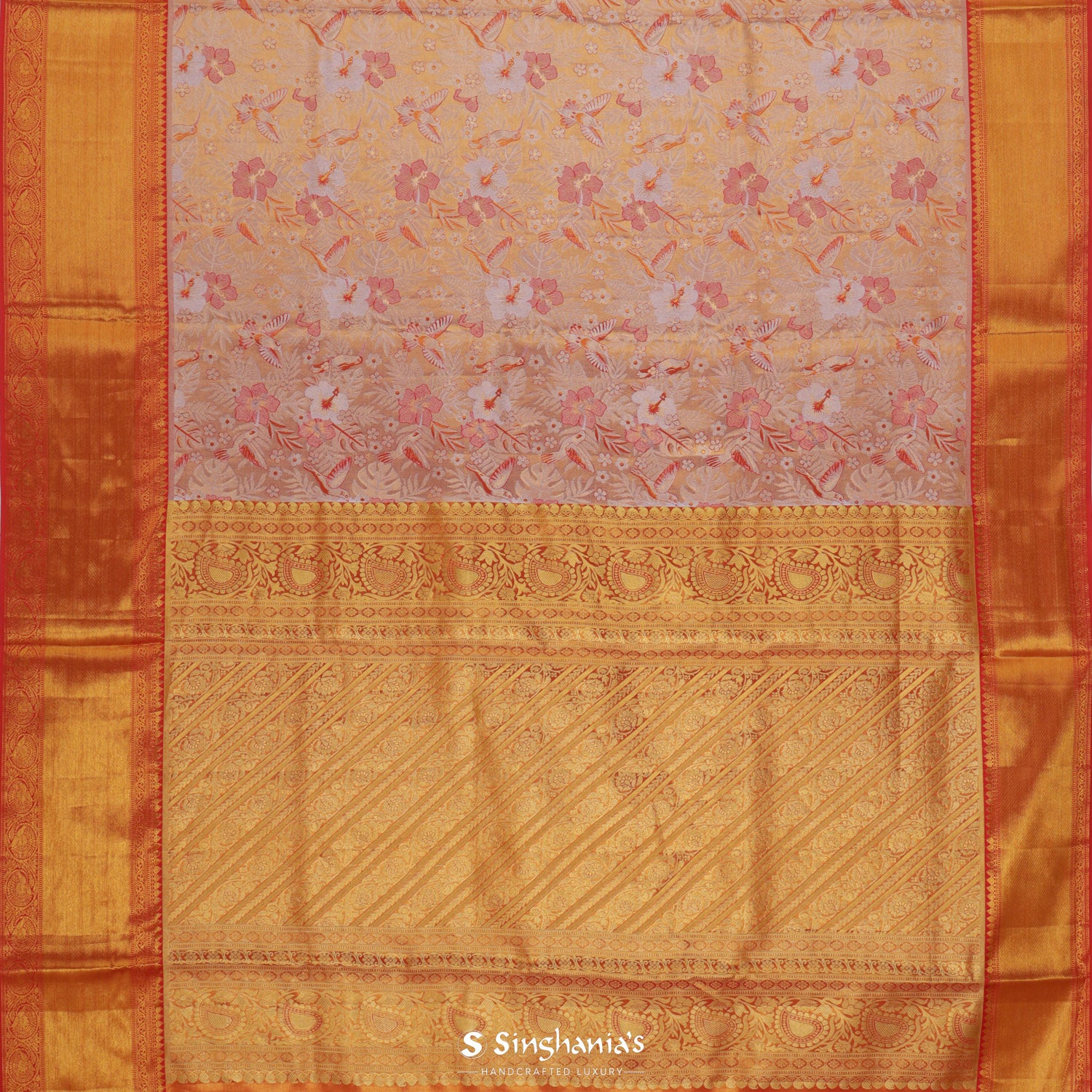 Gold Yellow Kanjivaram Silk Saree With Floral & Bird Pattern
