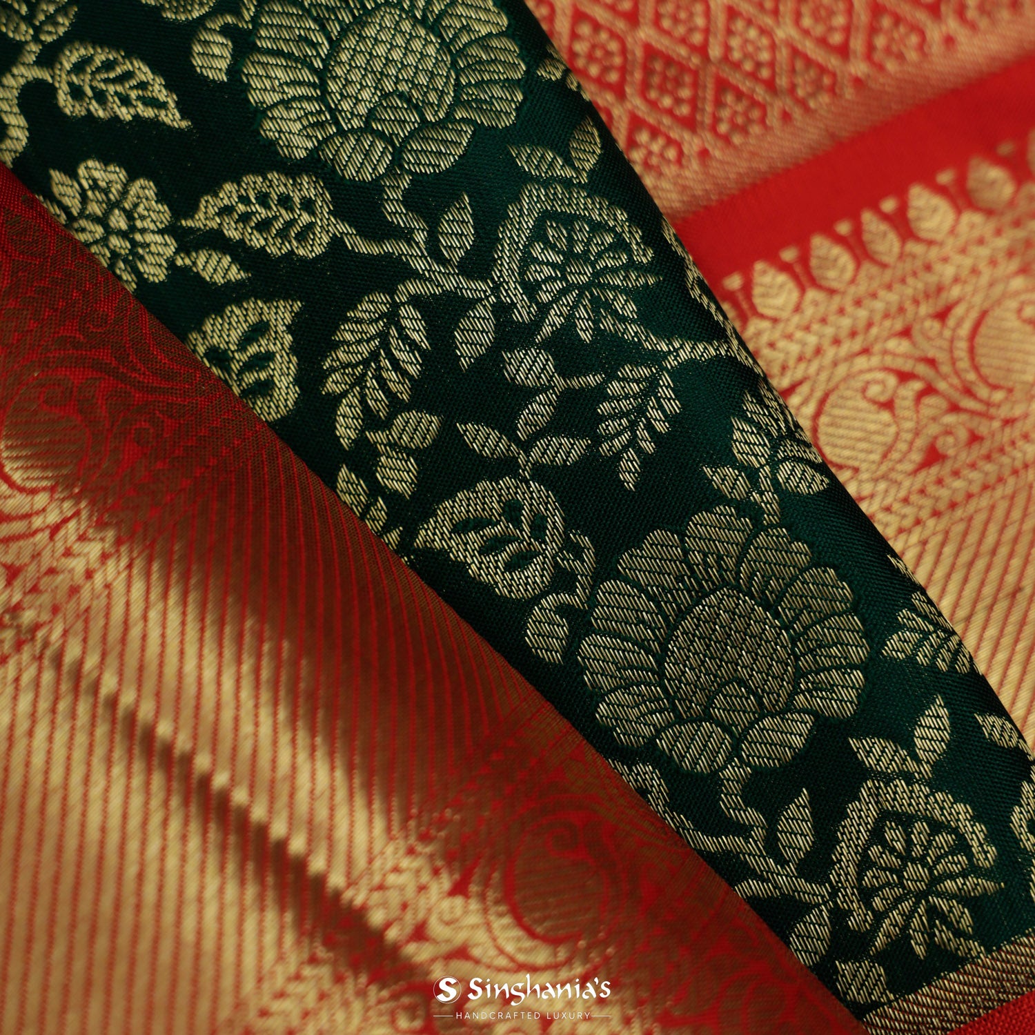 Bottle Green Kanjivaram Silk Saree With Floral Jaal Pattern