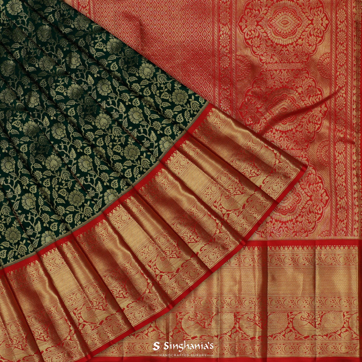Bottle Green Kanjivaram Silk Saree With Floral Jaal Pattern