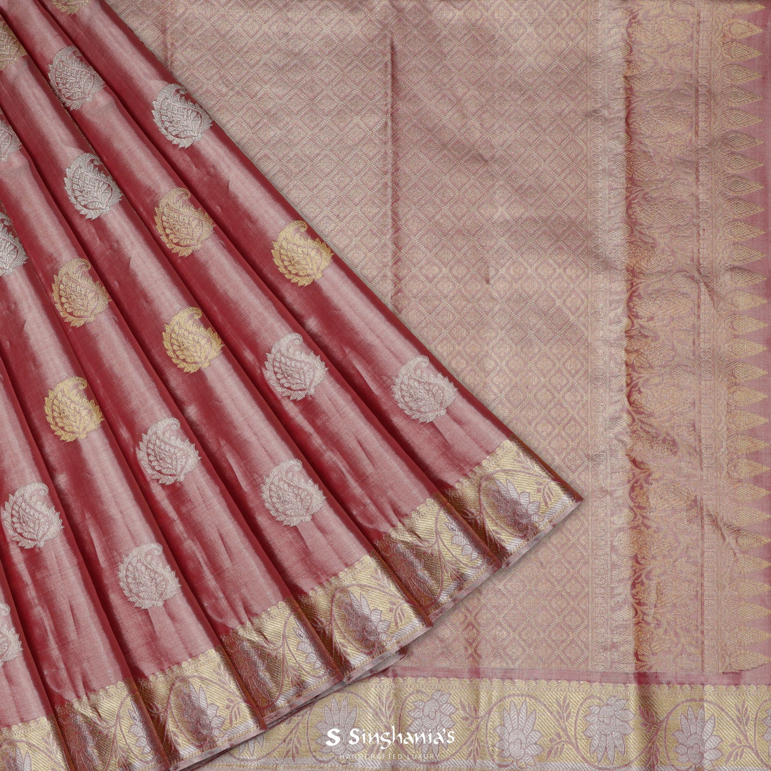Dusky Pink Kanjivaram Silk Saree With Paisely Butti Pattern