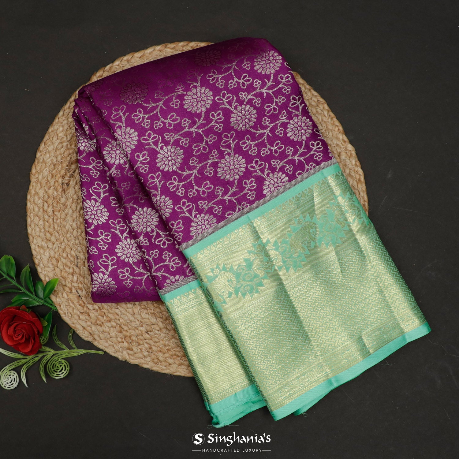 Dark Purple Kanjivaram Silk Saree With Floral Jaal Pattern