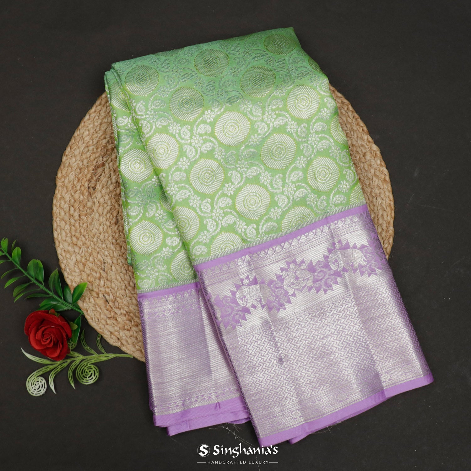 Light Parrot Green Kanjivaram Silk Saree With Floral Pattern