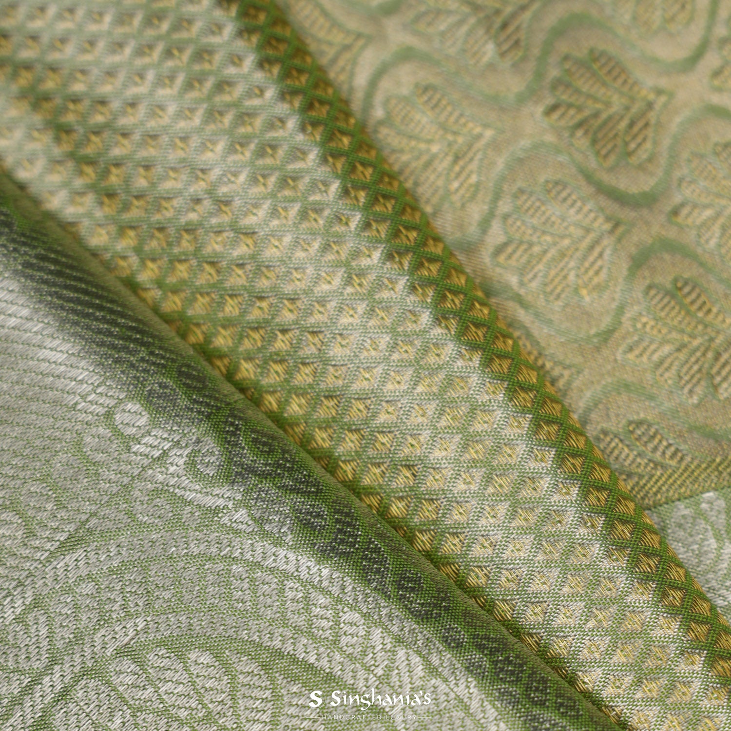 Pale Green Kanjivaram Silk Saree With Honeycomb Pattern