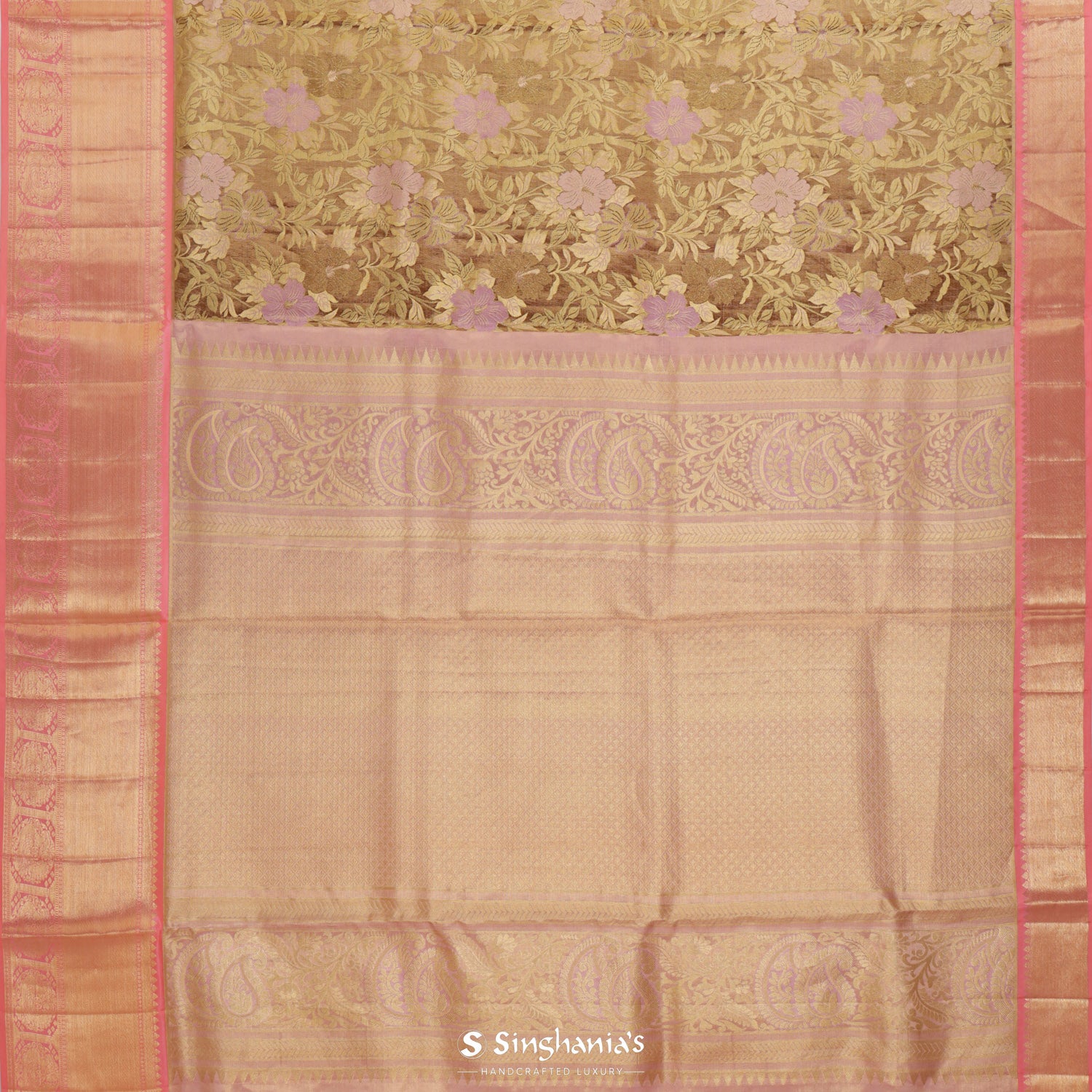 Gold Yellow Kanjivaram Silk Saree With Meenakari Floral Jaal Pattern