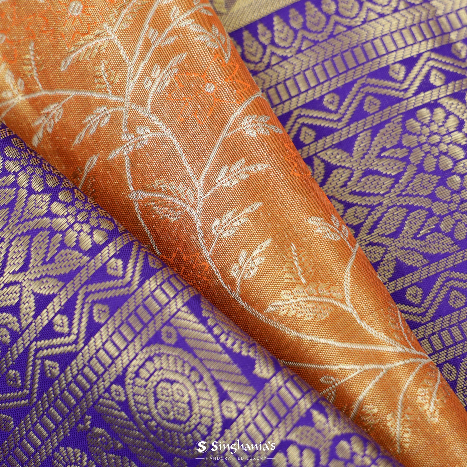 Topaz Orange Kanjivaram Silk Saree With Floral Jaal Pattern