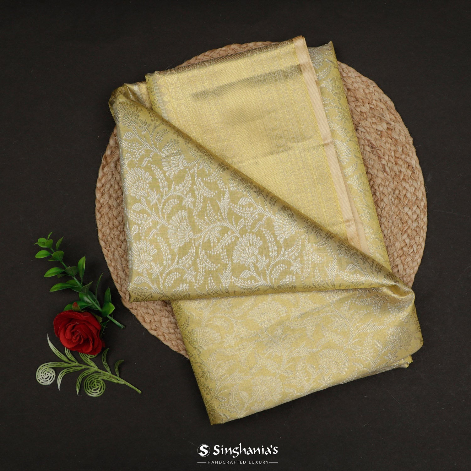 Tender Yellow Kanjivaram Silk Saree With Floral Jaal Pattern