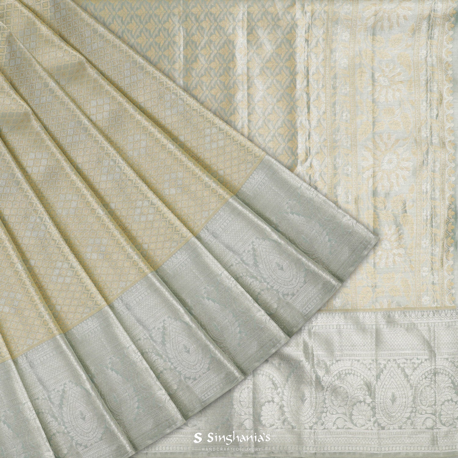 Transparent Yellow Kanjivaram Silk Saree With Honeycomb Pattern