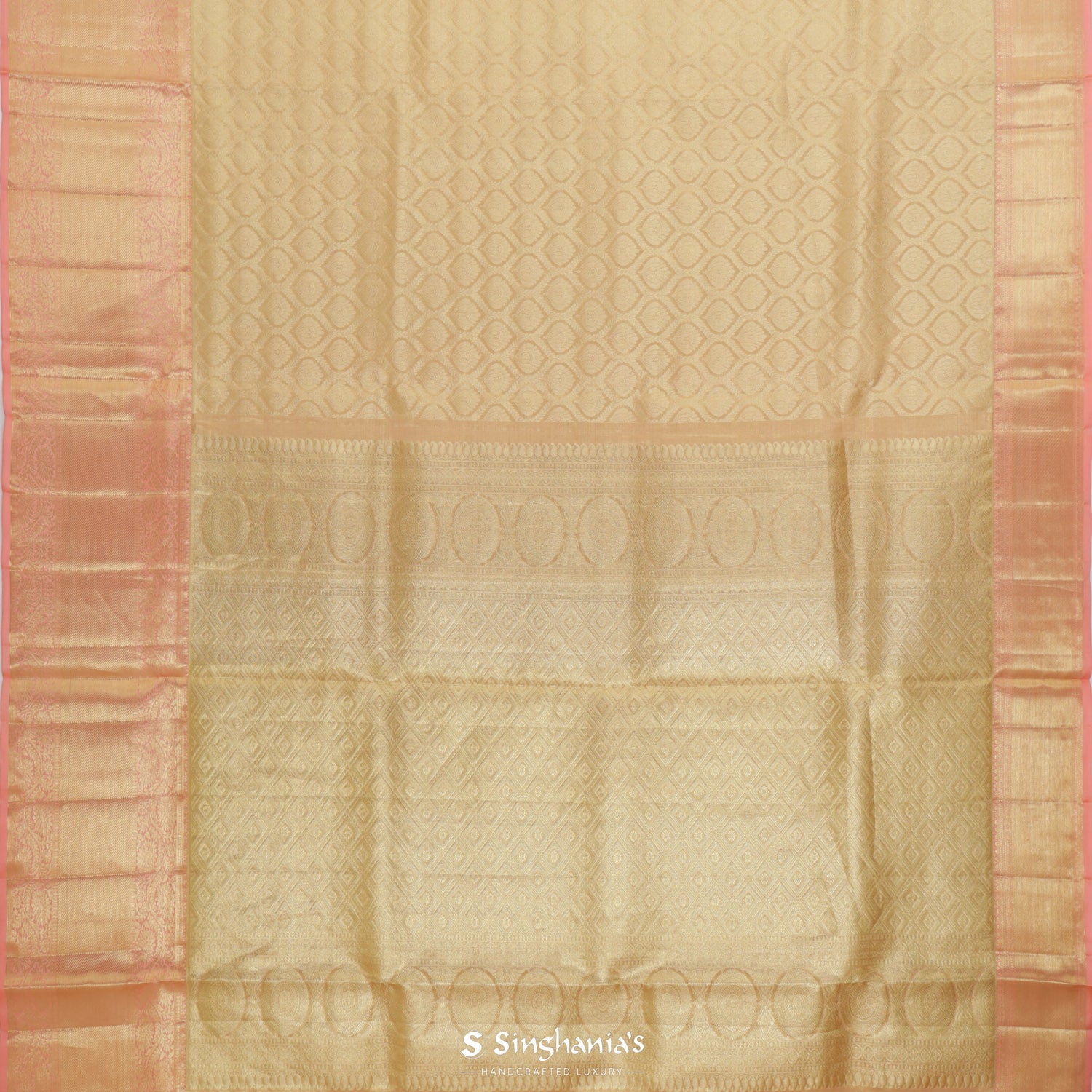 Pale Yellow Gold Kanjivaram Silk Saree With Floral Ogive Pattern