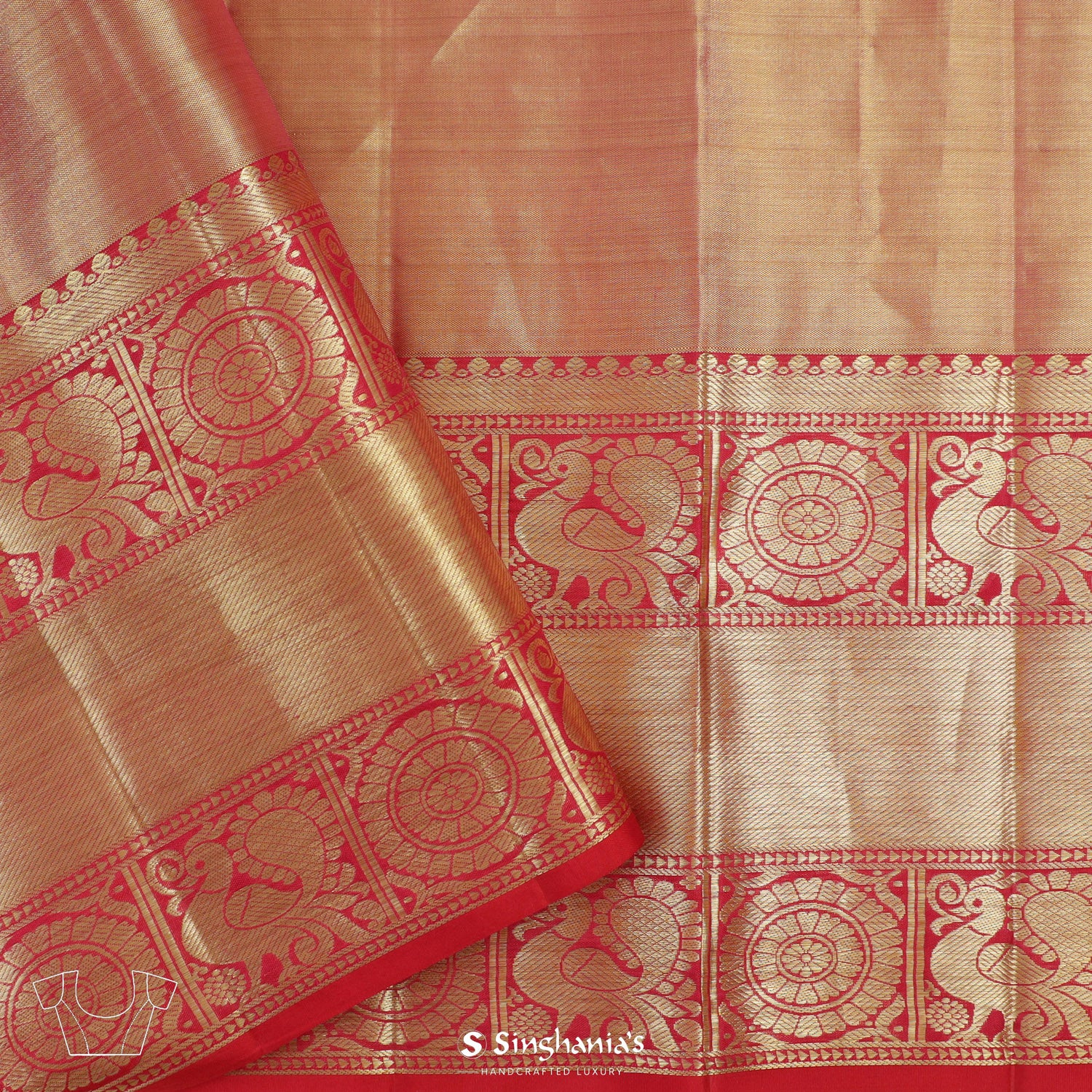 Reddish Gold Kanjivaram Silk Saree With Floral Jaal Pattern
