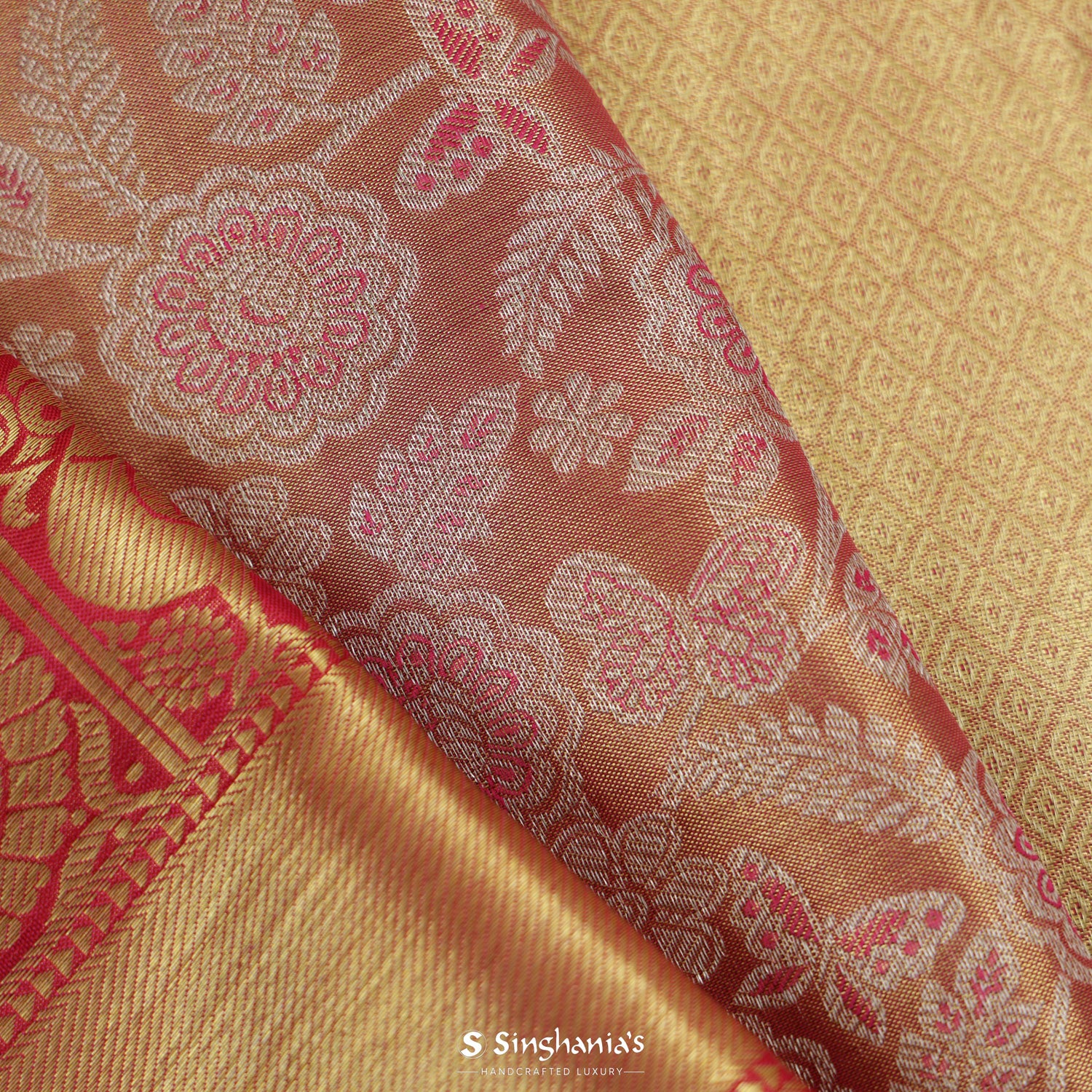 Reddish Gold Kanjivaram Silk Saree With Floral Jaal Pattern