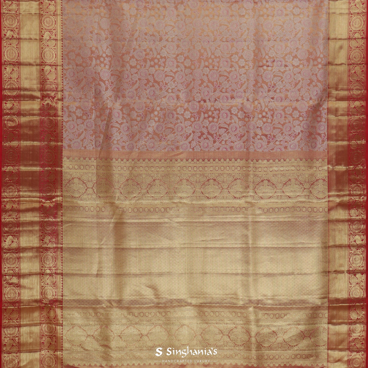 Reddish Gold Kanjivaram Silk Saree With Floral Jaal Pattern